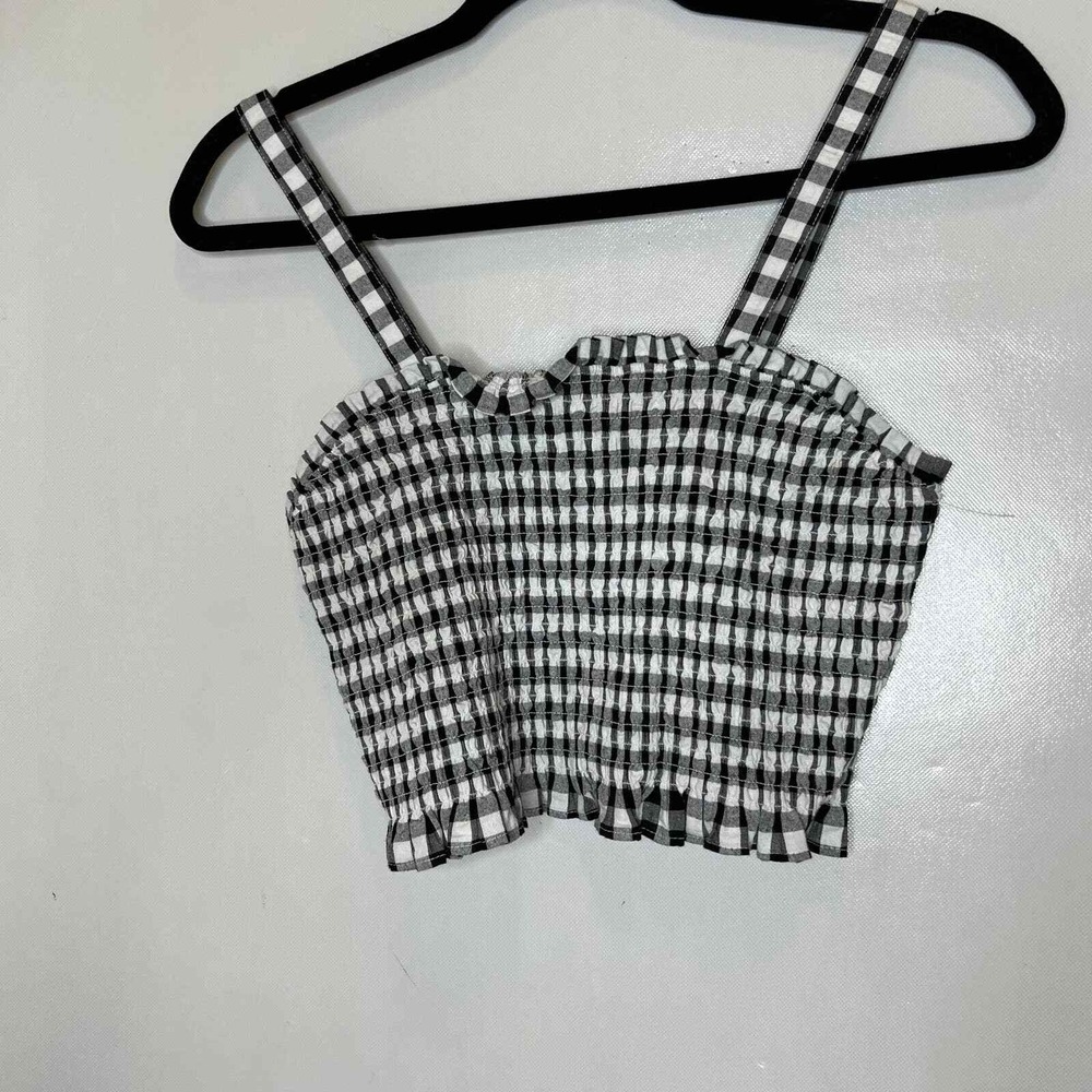 BP Gingham Checkered‎ Smocked Crop Top Black White XS Sleeveless